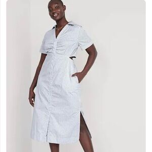 NWT Old Navy Blue Striped Button-Down Midi Shirt Dress Side Cut Outs Size XL